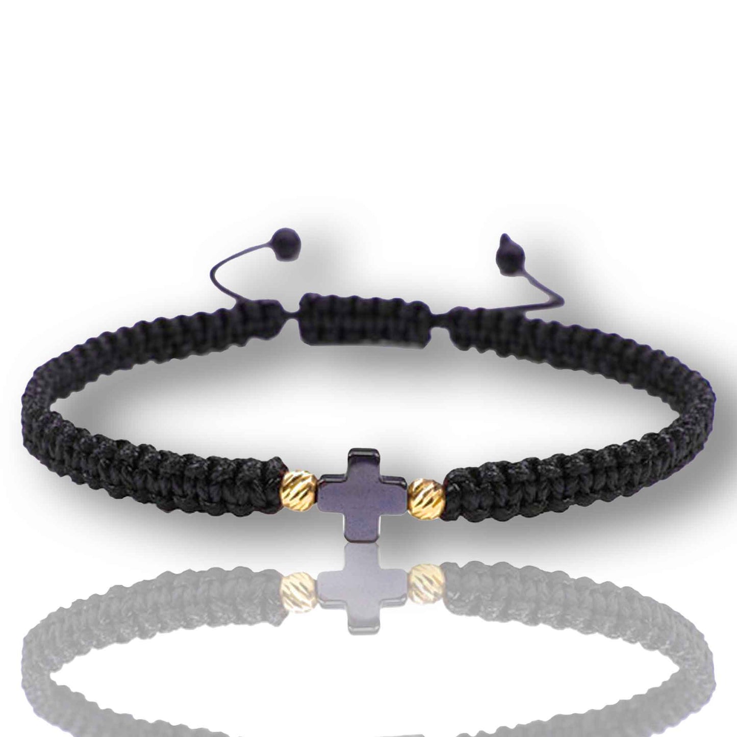 Black thread bracelet with gold and hematite