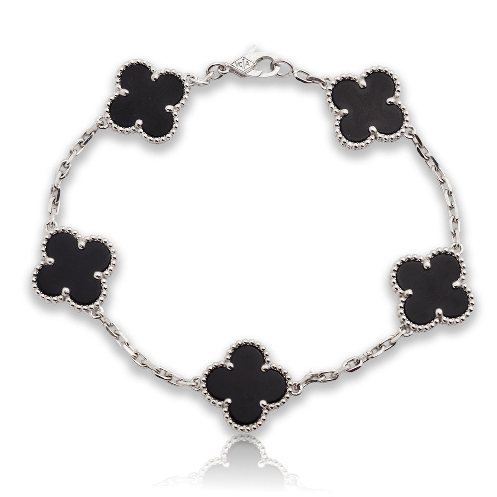 Дамска златна гривна 14К – детелина Clover, оникс, бяло злато, 19,5 см, 9.94 г