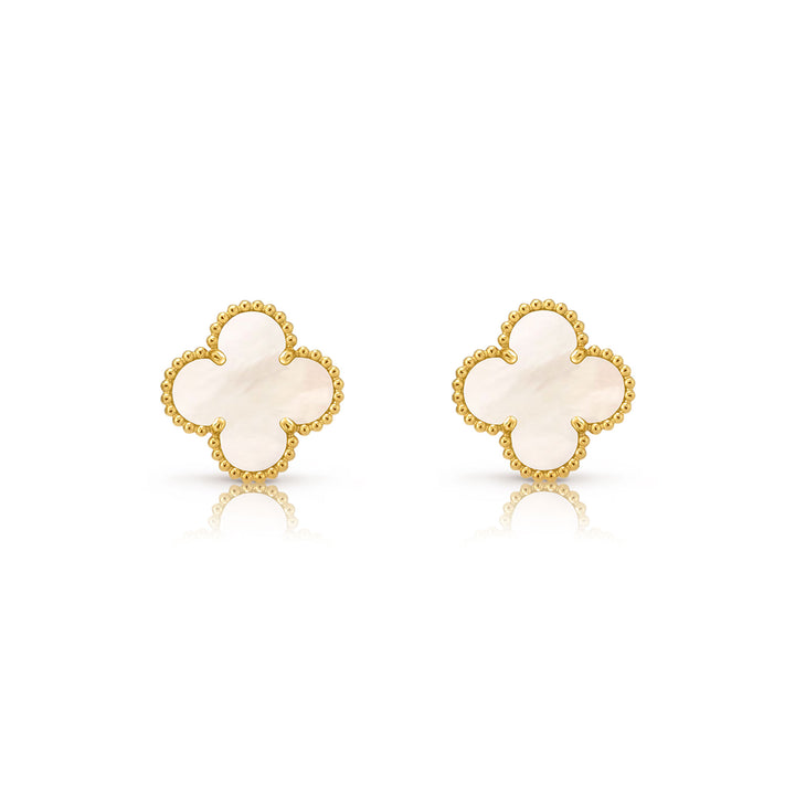 Дамски златни обеци на винт 14К – детелина Clover с седеф, 8 мм