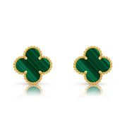 Дамски златни обеци на винт 14К – детелина Clover с малахит, 11 мм