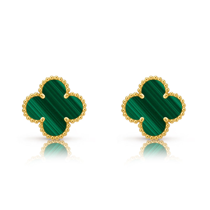 Дамски златни обеци на винт 14К – детелина Clover с малахит, 11 мм