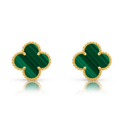 Дамски златни обеци на винт 14К – детелина Clover с малахит, 13,4 мм