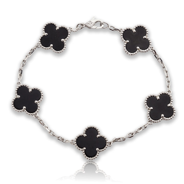 Дамска златна гривна 14К – детелина Clover, оникс, бяло злато, 19,5 см, 9.94 г