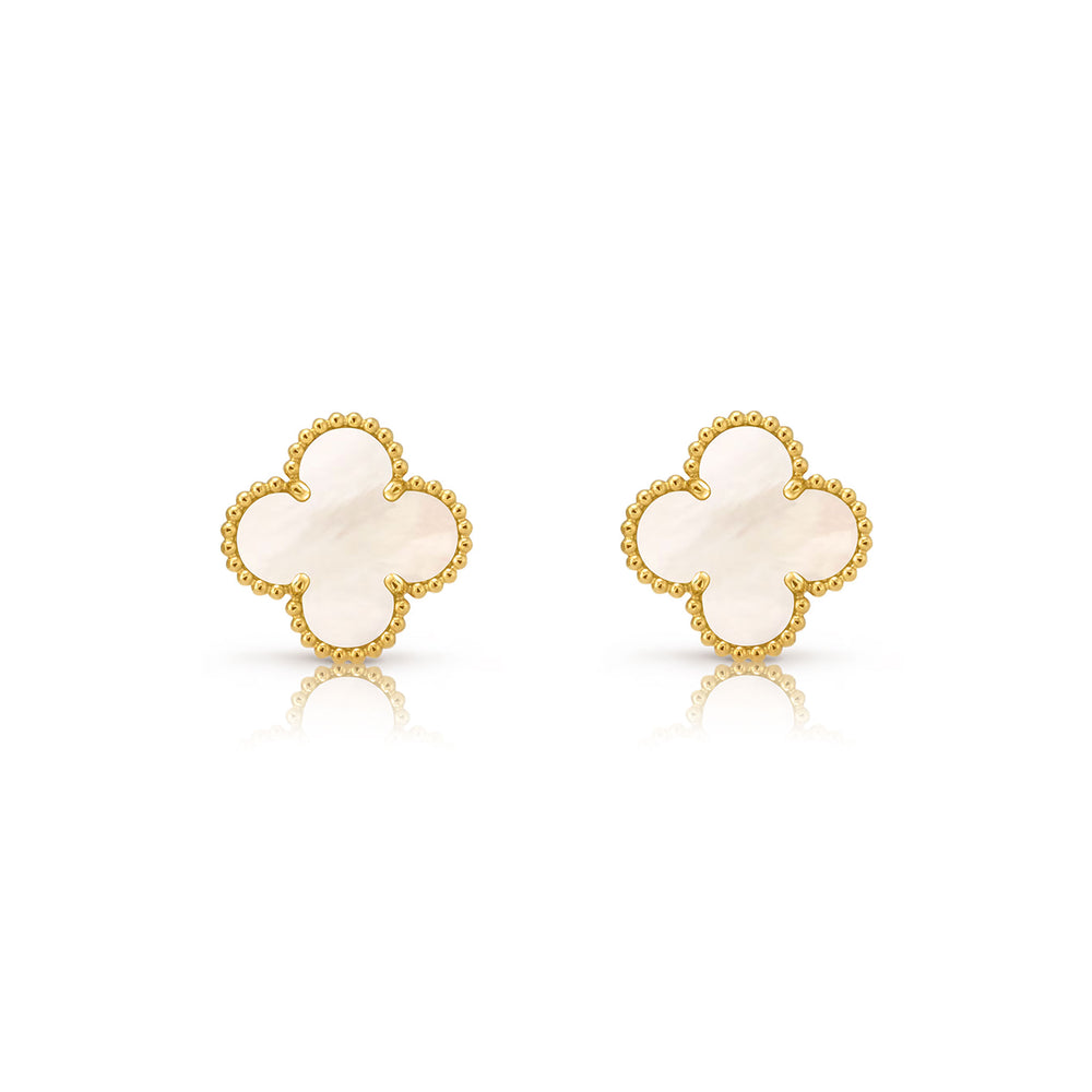 Дамски златни обеци на винт 14К – детелина Clover с седеф, 8 мм