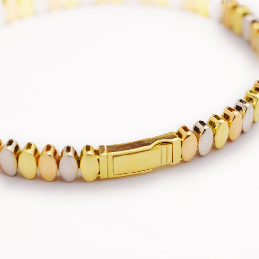 Златна твърда гривна с бяло, жълто и розово злато